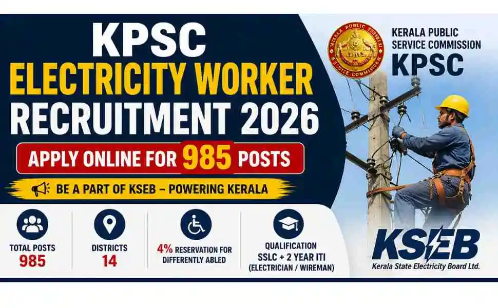 Karala KPSC Electricity Worker Recruitment 2026 Apply Online for 985 Posts